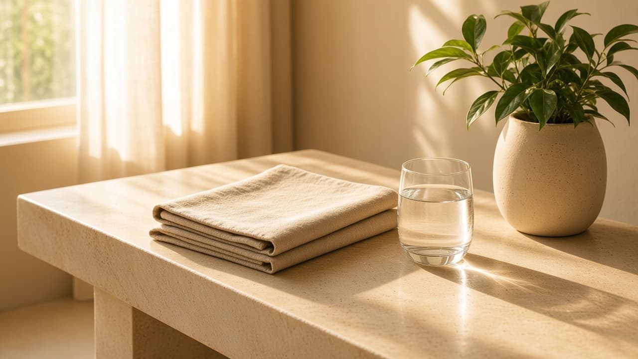 Folded linen towel, water glass, and a small plant on a cream stone bench.