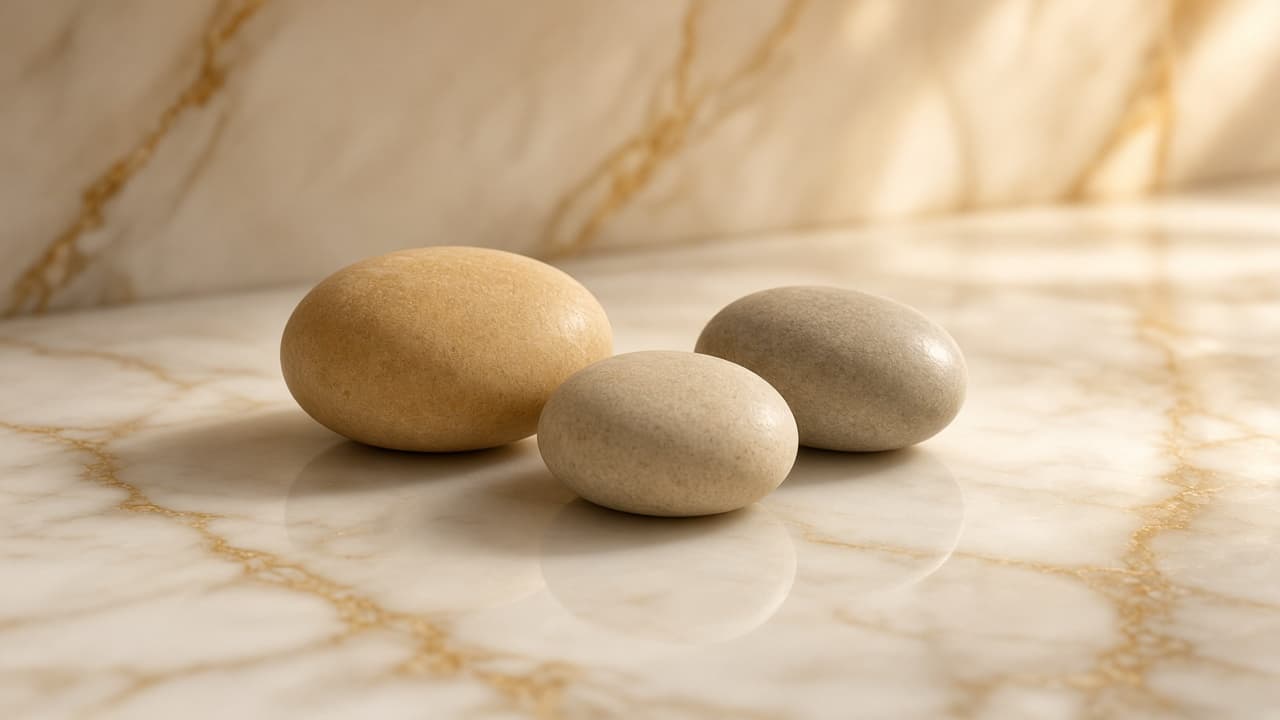 Three warm-toned stones arranged on cream marble in soft gold light.