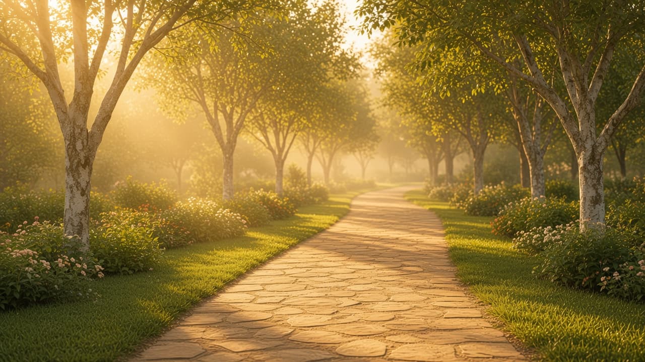 Long garden path in golden hour light between pale trees.