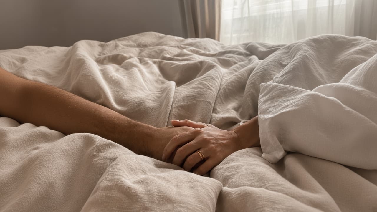 Two hands resting on warm cream linen, with faces out of frame.