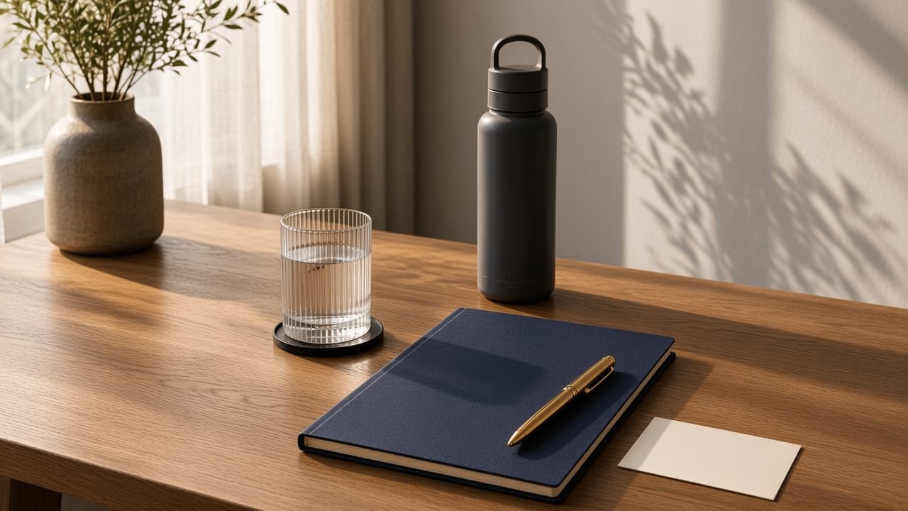 Closed linen folder and brass pen on a warm oak desk beside a sunlit window.