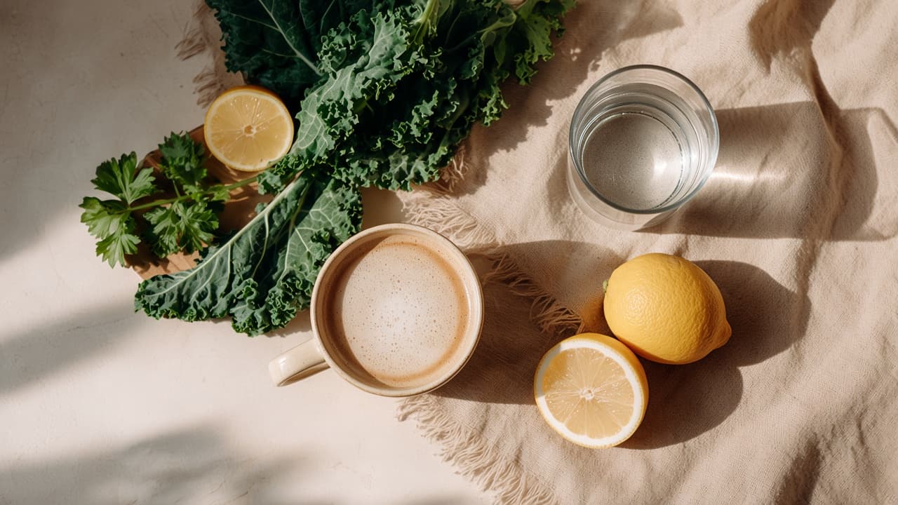 Halved citrus, leafy greens, and a ceramic bowl arranged on sunlit linen.