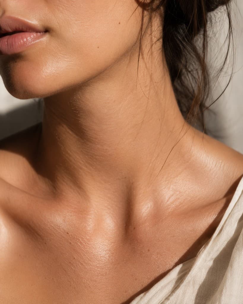 Soft beauty close-up of luminous skin, neck, and collarbone in warm golden light, evoking healthy skin and aesthetic wellness.