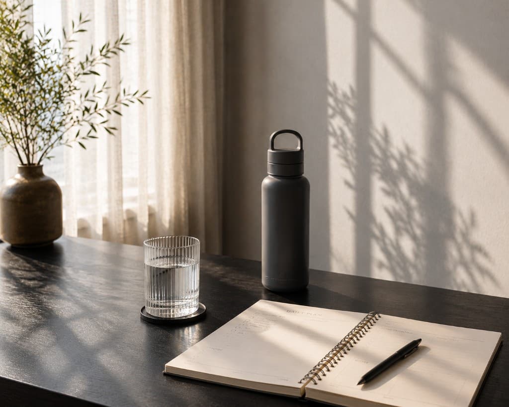 Calm workspace with daily planner, pen, water bottle, and soft natural light, evoking focus and cognitive wellness.