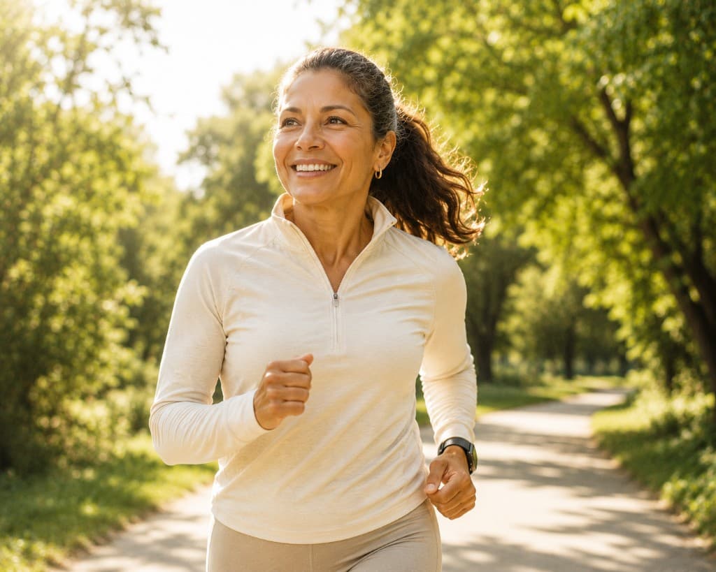Vibrant middle-aged woman jogging on a sunlit park trail with a joyful smile, evoking longevity and healthy aging.