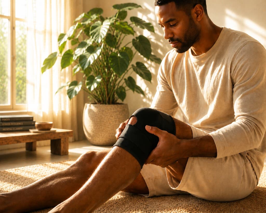 Person adjusting a knee support brace at home, evoking injury recovery and joint repair.