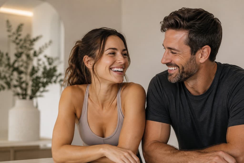 A healthy couple laughing together indoors, conveying vitality, confidence, and wellness from provider-guided peptide care.