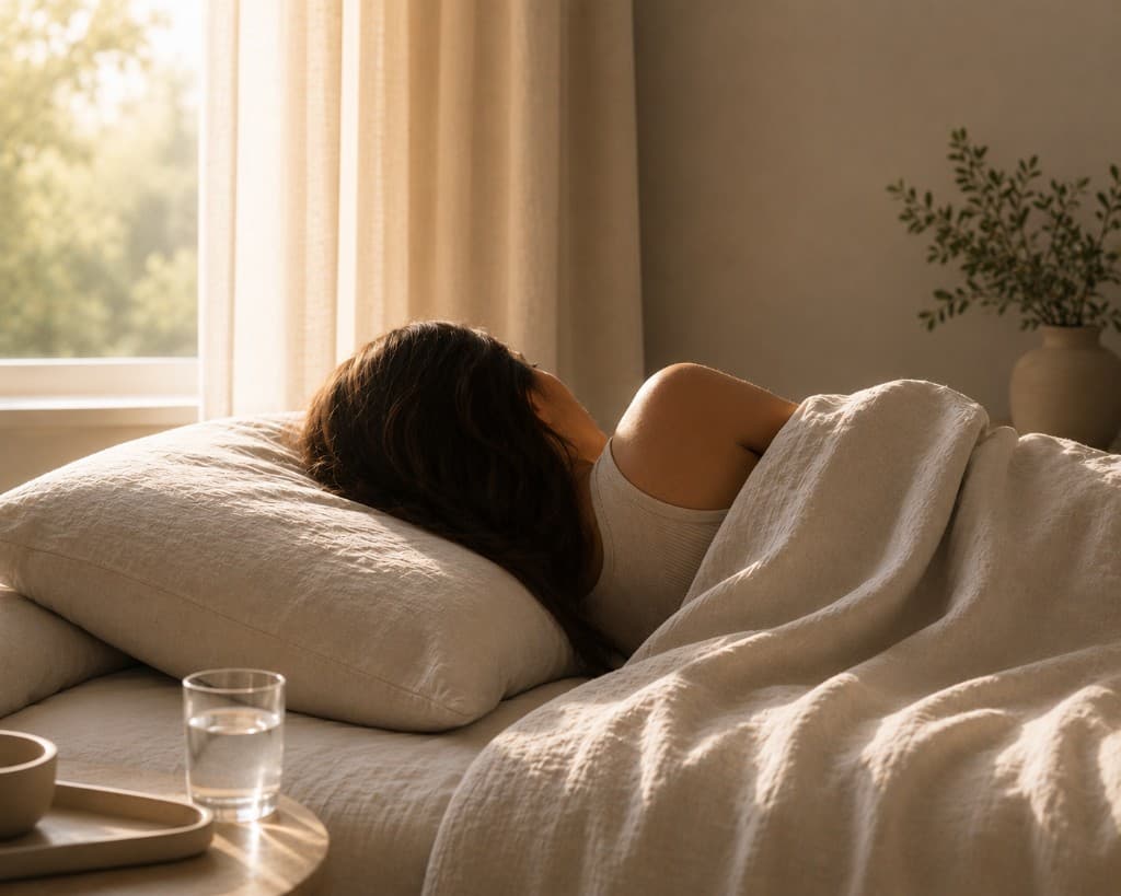 Person sleeping peacefully in linen bedding with soft morning light, evoking sleep and recovery.