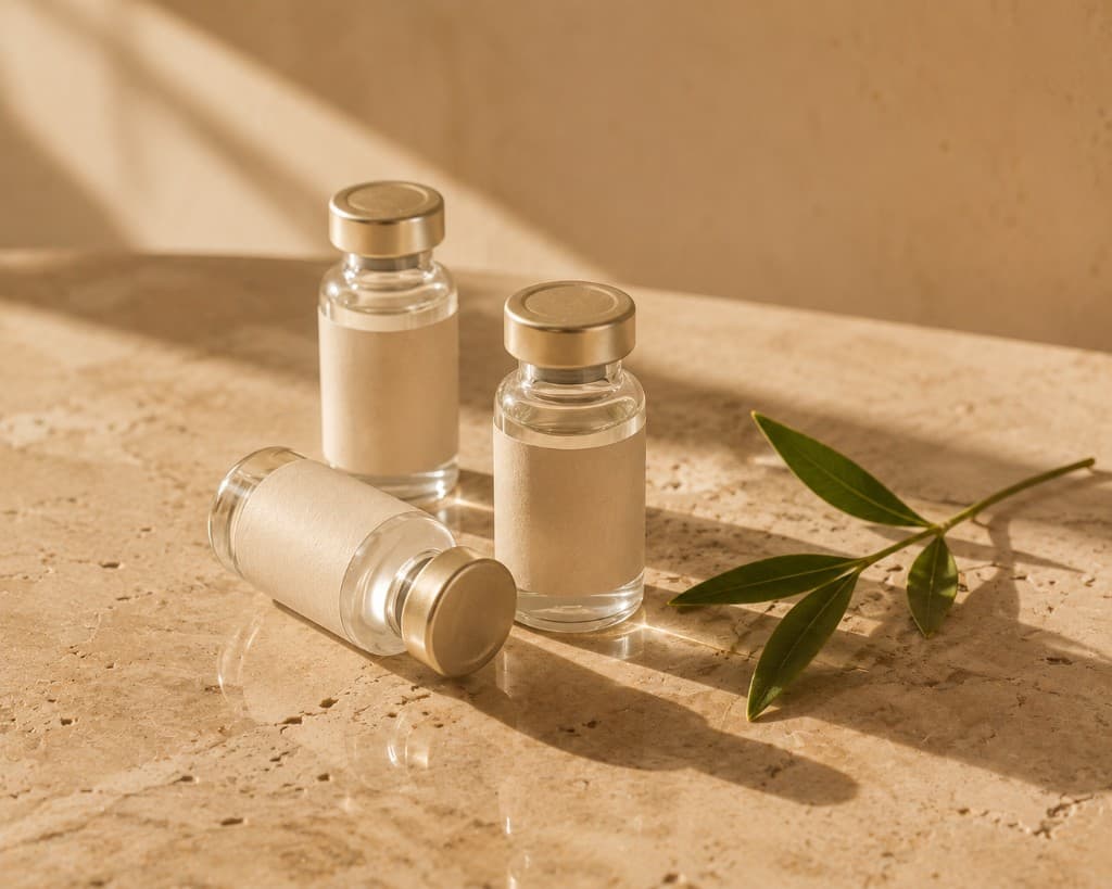 Three premium peptide vials on travertine with a botanical sprig, evoking regenerative aesthetics.