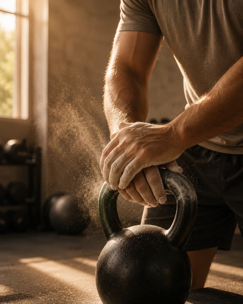 Chalk-dusted hands on a kettlebell in warm gym light, evoking metabolic fitness and training.