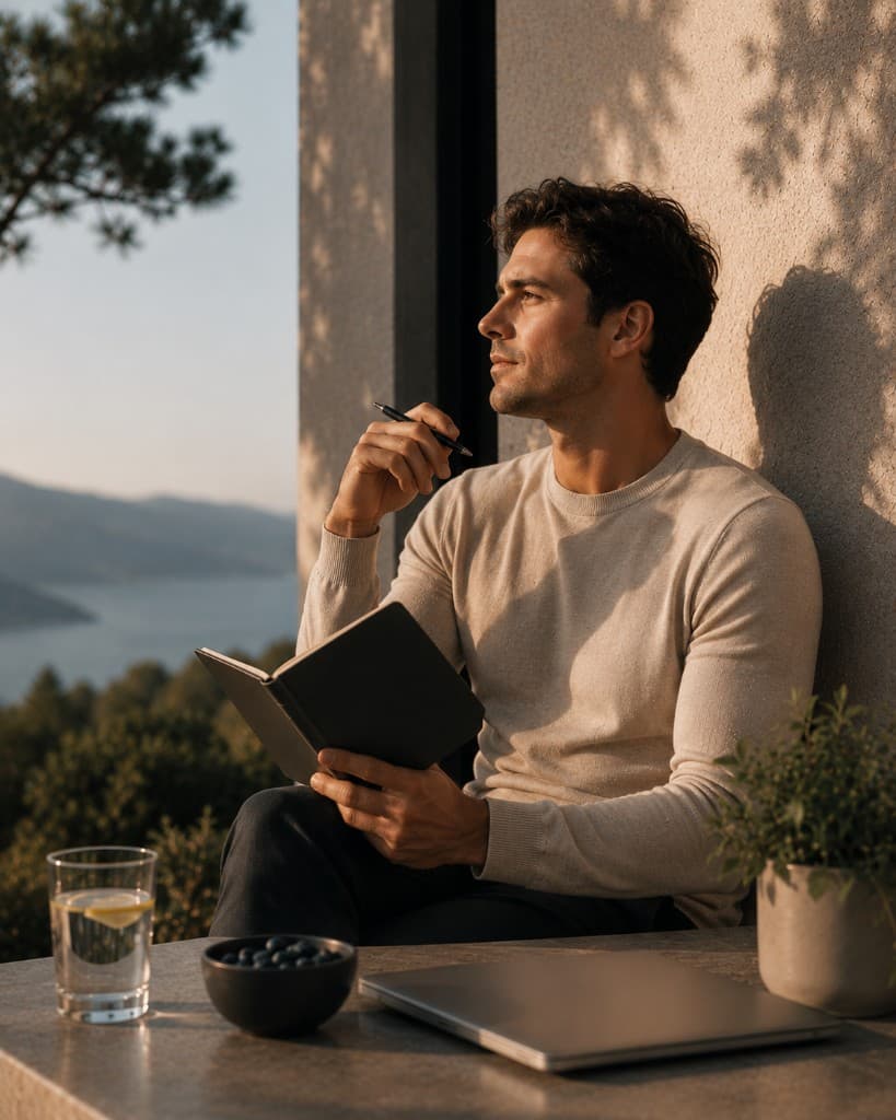 Man journaling on a sunlit terrace overlooking water, evoking mental clarity, focus, and NAD+ wellness.