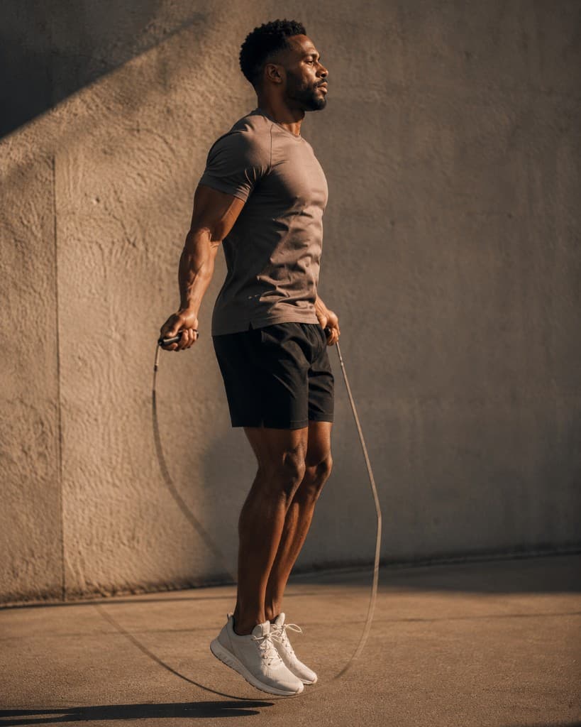 Athletic man jump roping in warm golden-hour light against a concrete wall, evoking body composition and training discipline.