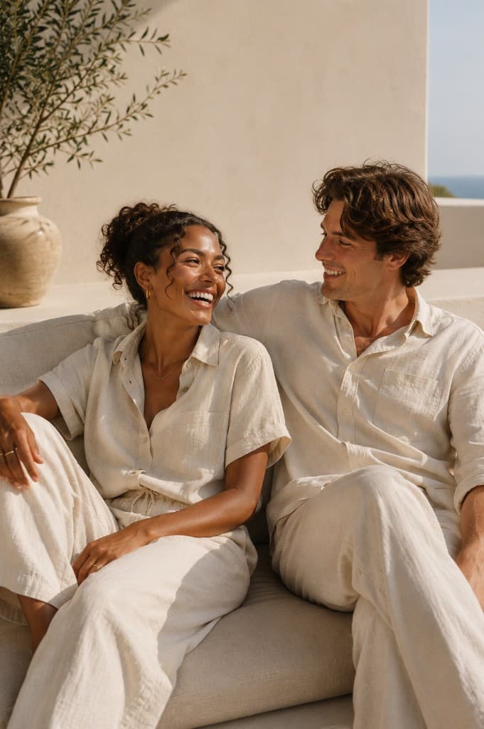 Happy couple in matching linen on a sunlit Mediterranean terrace, evoking wellness, connection, and a premium lifestyle.