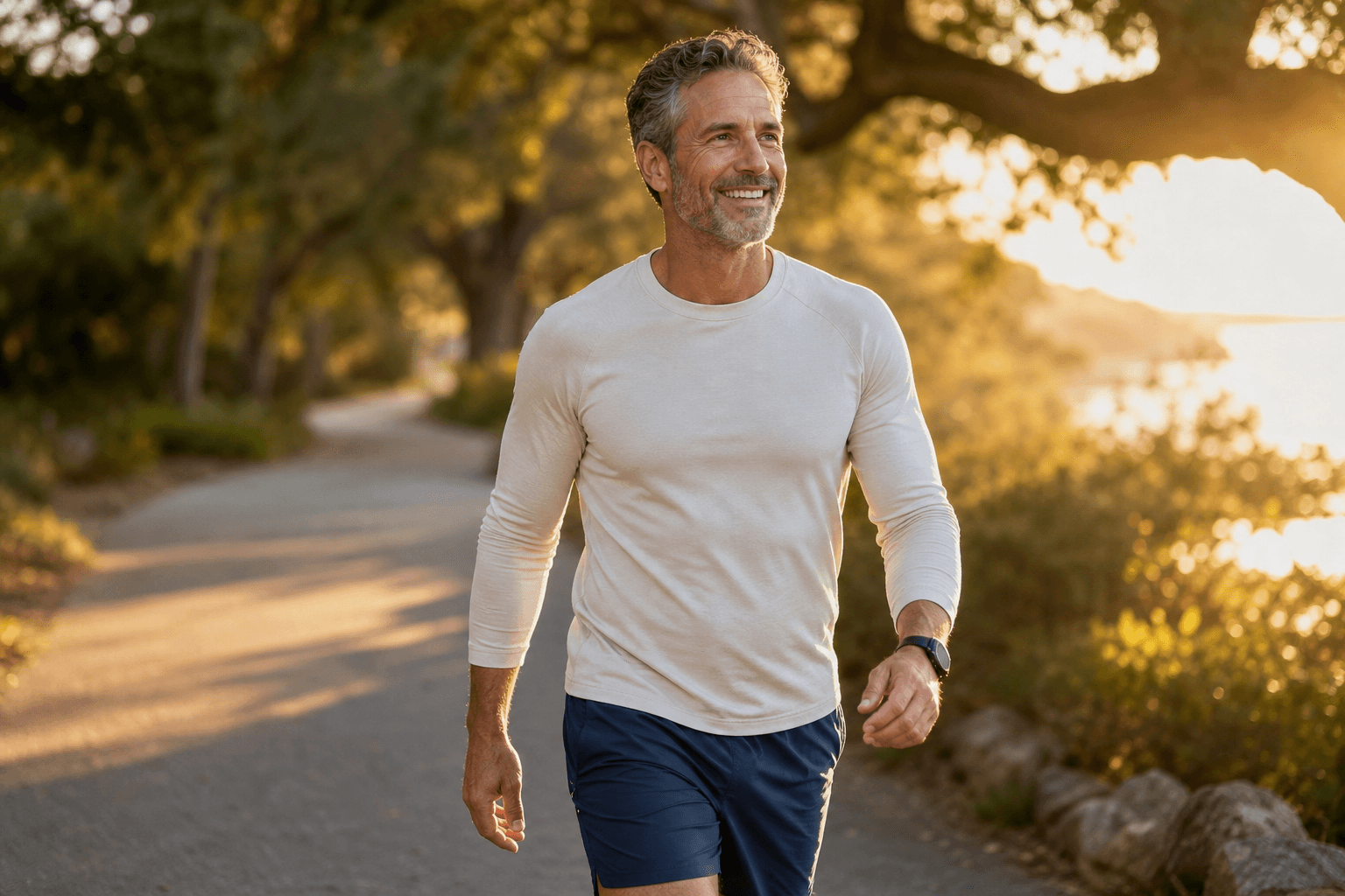 A healthy person walking confidently on a sunlit path, evoking vitality and wellness outcomes from provider-guided peptide care.