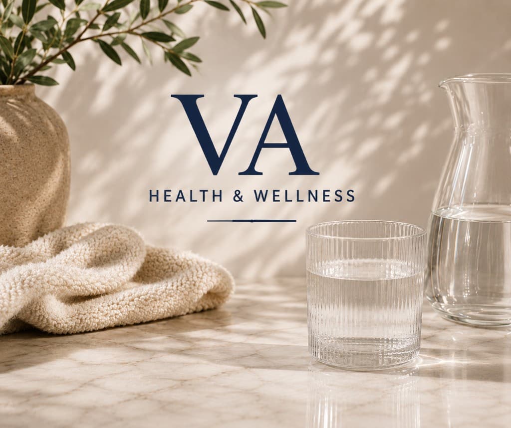VA Health & Wellness branding over a serene spa still life with water, towel, and greenery in soft golden light.