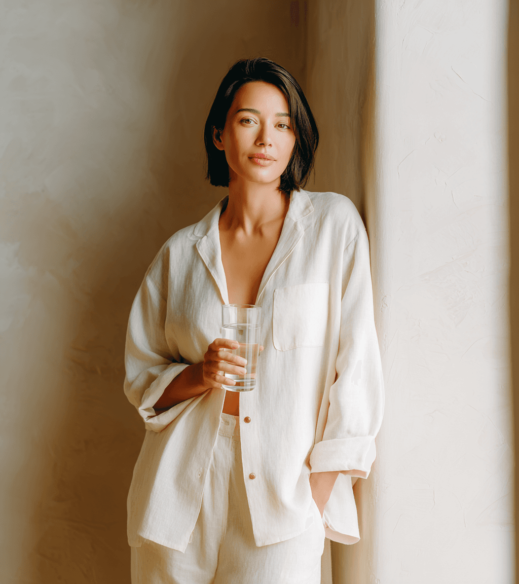 Calm, athletic person in soft warm window light embodying premium wellness.