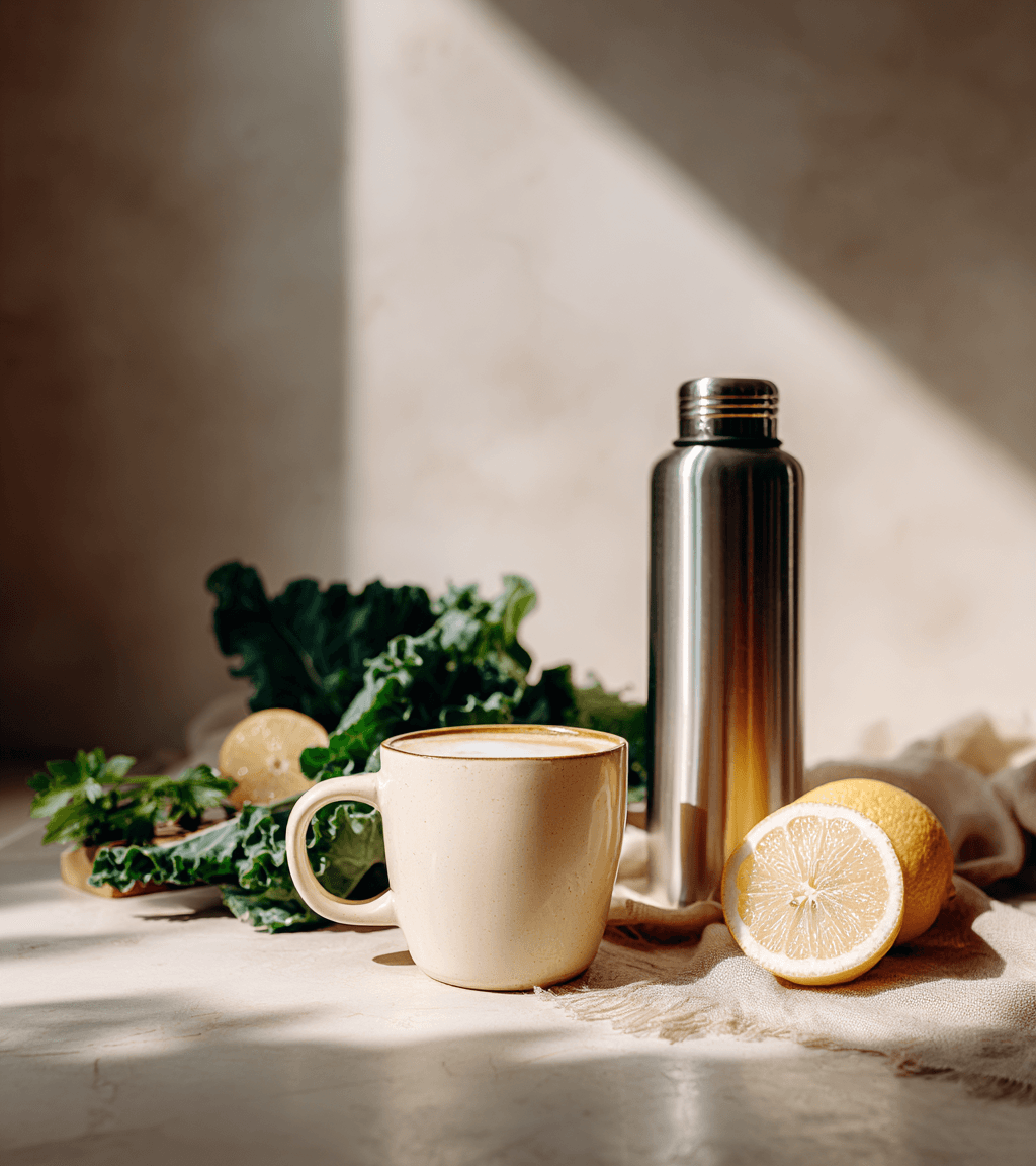 Overhead lifestyle still life suggesting morning energy and metabolism.